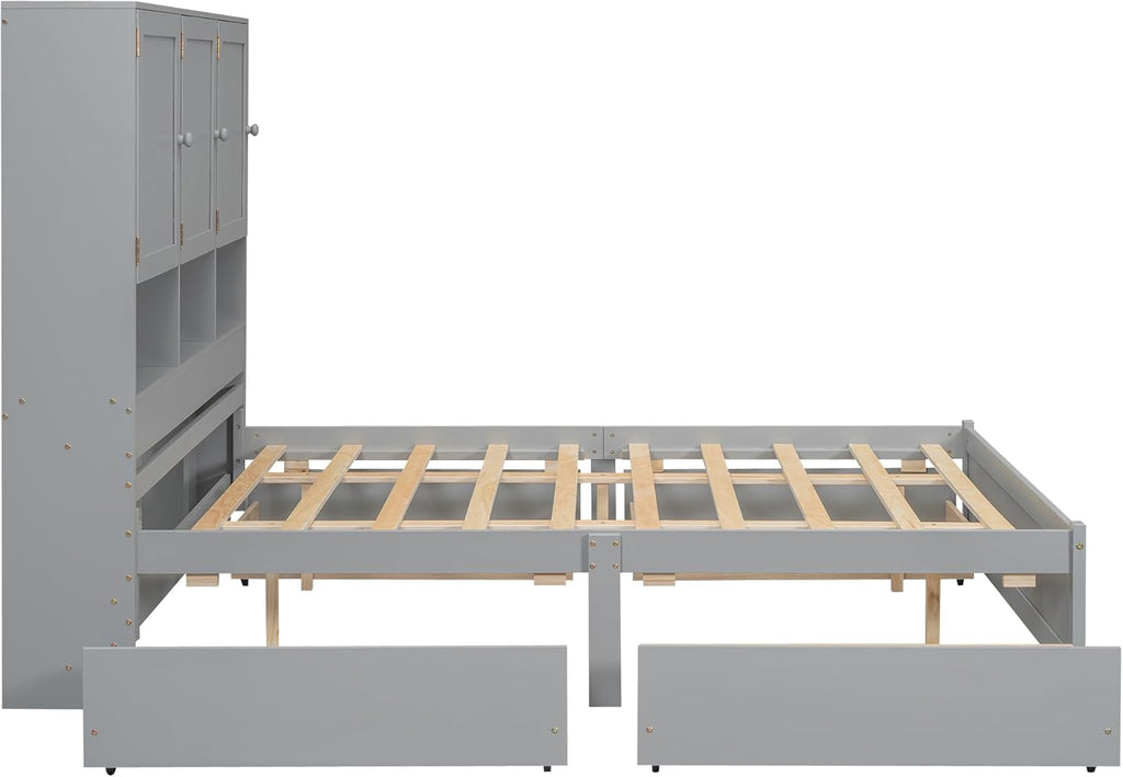 Queen Size Wooden Platform Bed Frame with Storage Headboard, Gray H629094