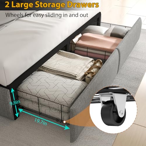Full Size Bed Frame with 4 Storage Drawers and LED Lights, Upholstered Wingback Headboard, Gray E185
