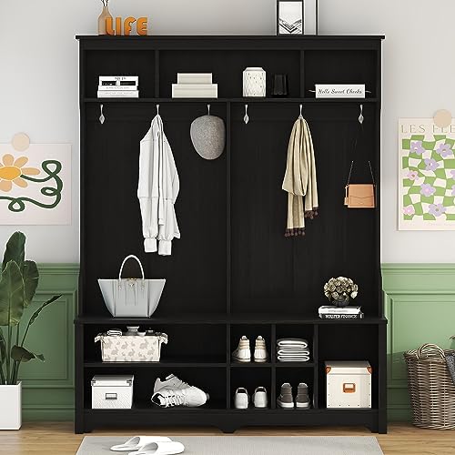 Hall Tree with Storage Bench, 60 Inch Wooden Mudroom Bench Q2403