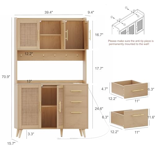 70.9" Kitchen Pantry Cabinet with Microwave Shelf, Rattan Hutch with Charging Station, Tall Floor Cupboard with Drawers and Doors, Black and Natural U6564