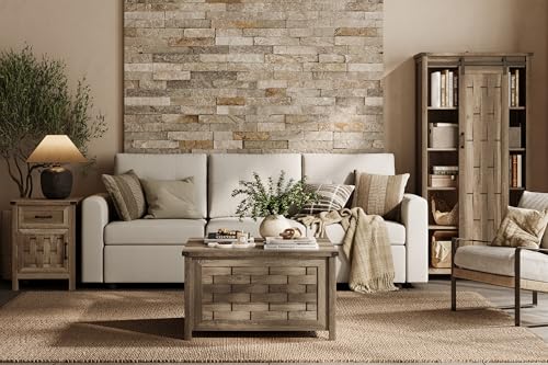 LINSY HOME Farmhouse Coffee Table with Hidden Storage, Light Brown N7813