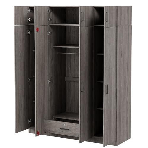 Wardrobe Armoire with 4 Doors, Mirror, Shelves and Hanging Rod R902