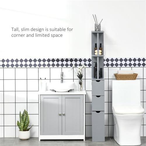 Slim Bathroom Cabinet with 3 Drawers Freestanding Narrow Storage Shelf I7068