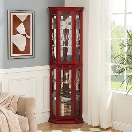 Corner Curio Cabinet Lighted Display with Glass Doors, Cherry T367989