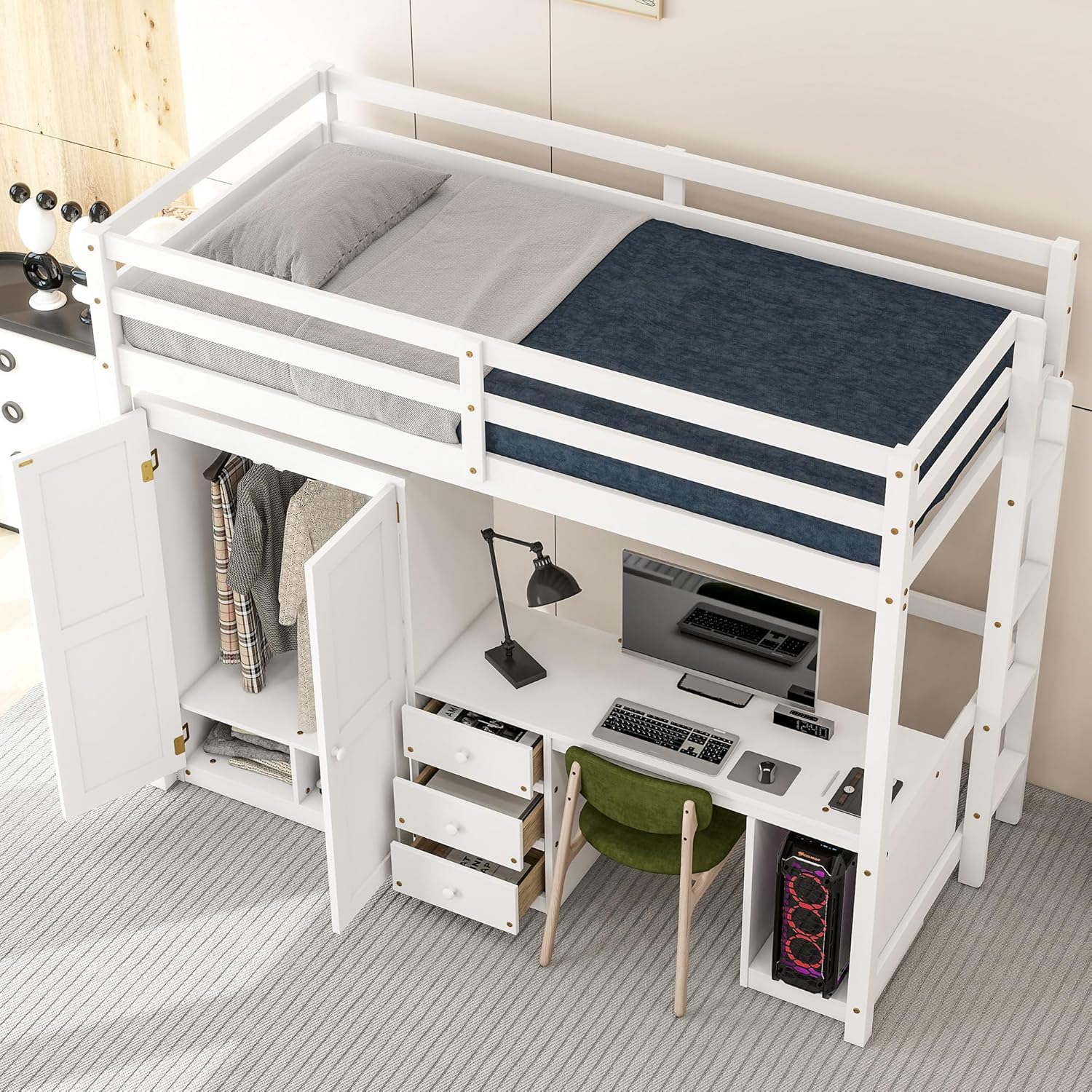 Twin Size Wood Loft Bed with Wardrobe, Desk and Storage Drawers, White H6245