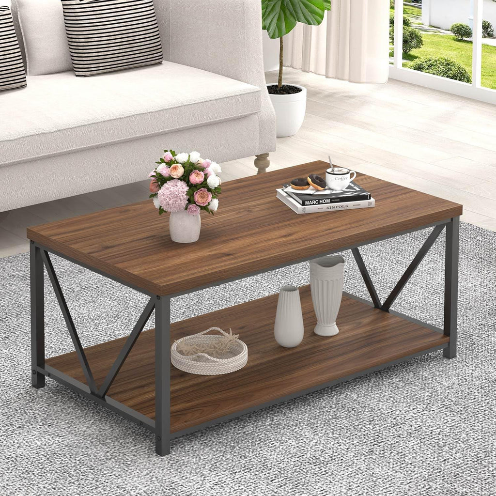 FOLUBAN Modern Coffee Table with Storage Shelf, Rustic Walnut T526484