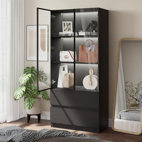Glass Display Cabinet with LED Lights and 3-Tier Shelves Y843