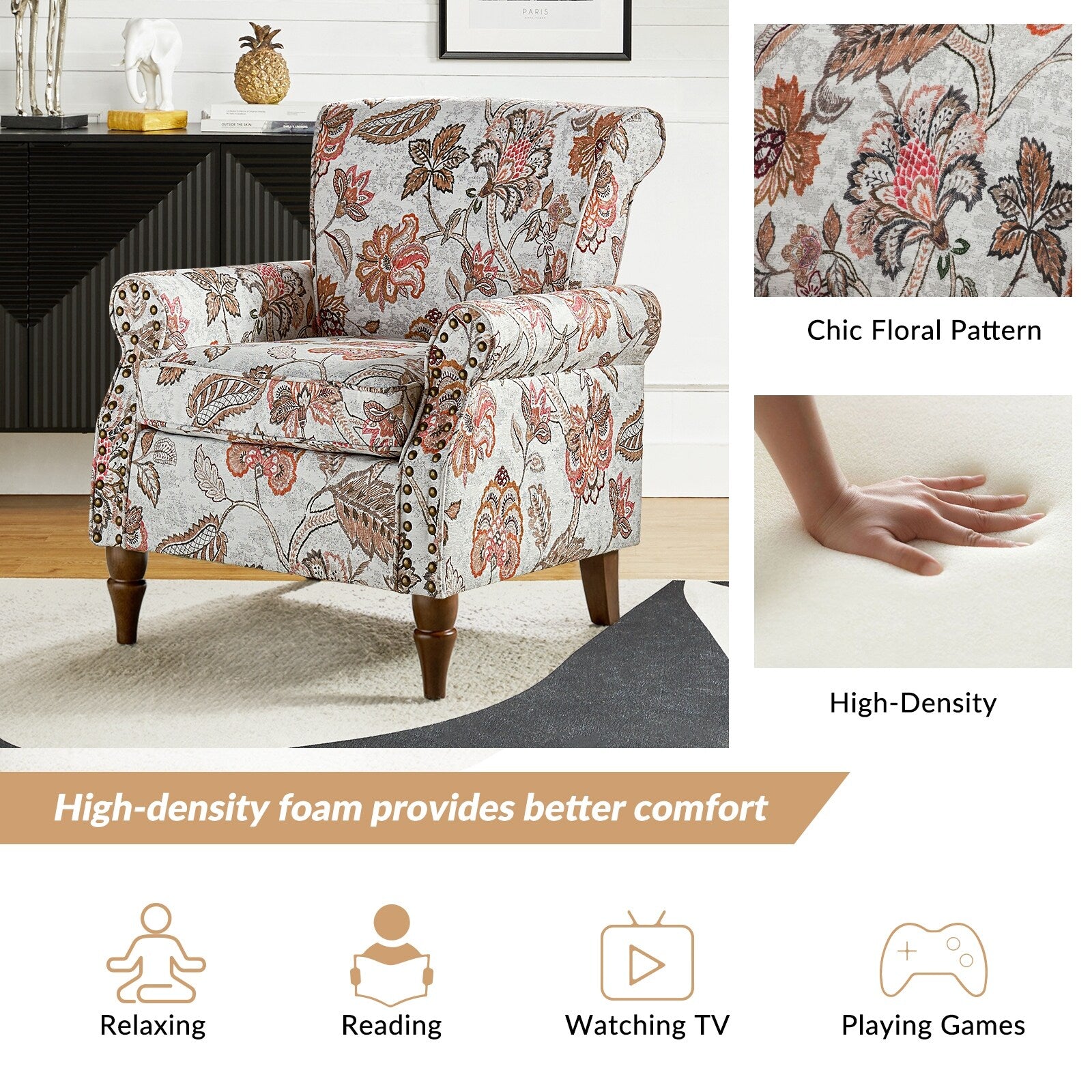 HULALA HOME Nyctelius Traditional Accent Armchair with Rolled Arms and Nailhead Trim Y608