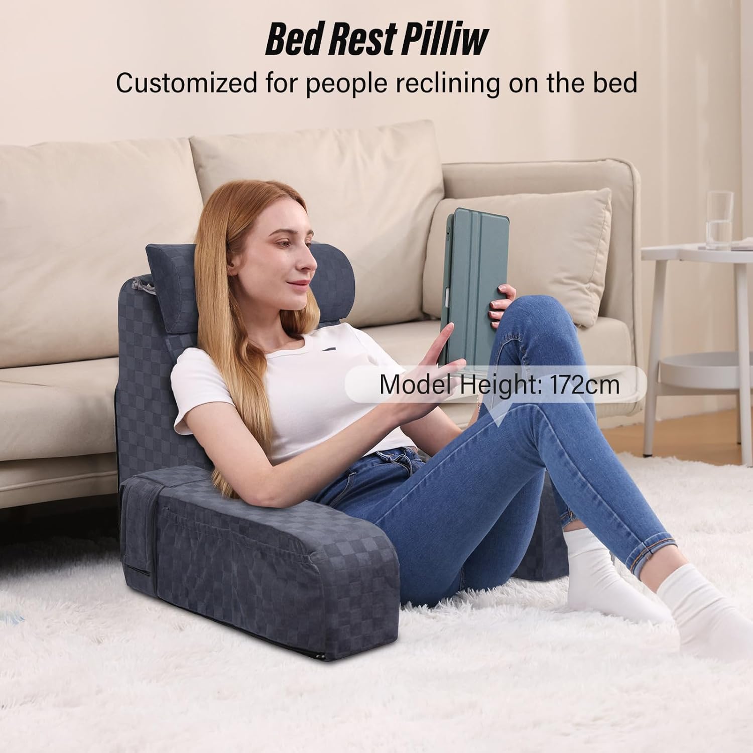 Vekkia Reading Pillow for Sitting in Bed Adult, Back Rest Pillow with Arms, Dark Grey O360566