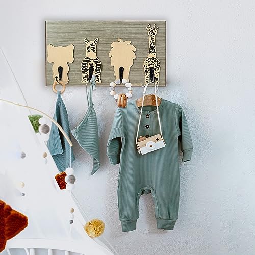 Kids Animal Coat Rack Wall Hooks Wooden Safari Tiger Decor Q407021