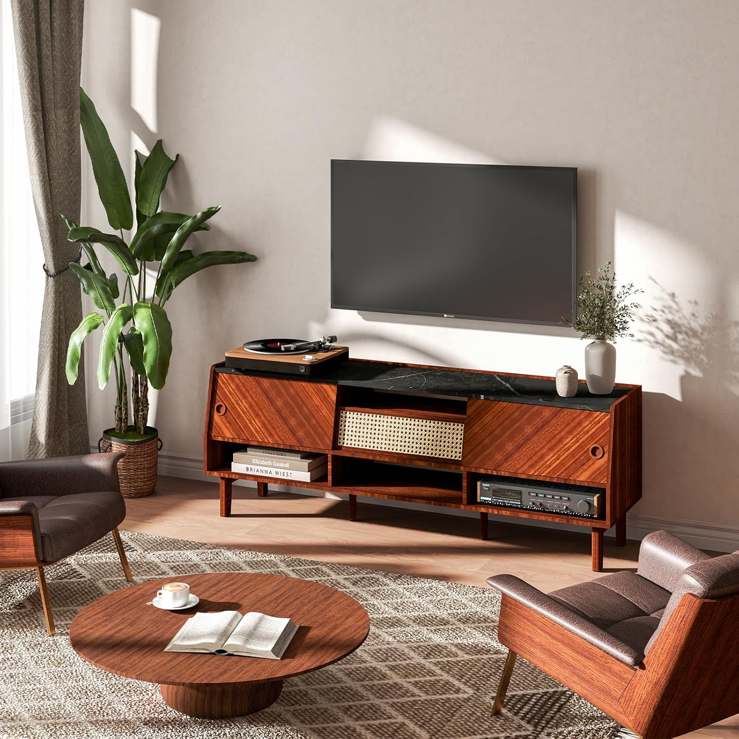 Mid Century Modern TV Stand for 75 Inch TV with Rattan Drawer, Walnut Z868