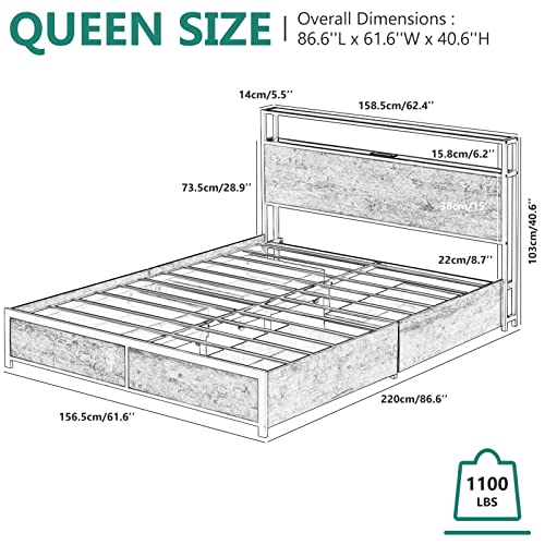 Gitua Full Size Bed Frame with Storage Drawers, LED Lights and Charging Station, Rustic Brown B13916