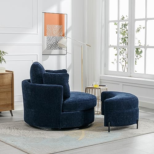 Oversized Swivel Accent Barrel Chair with Storage Ottoman and 4 Pillows, Terracotta Chenille E3151