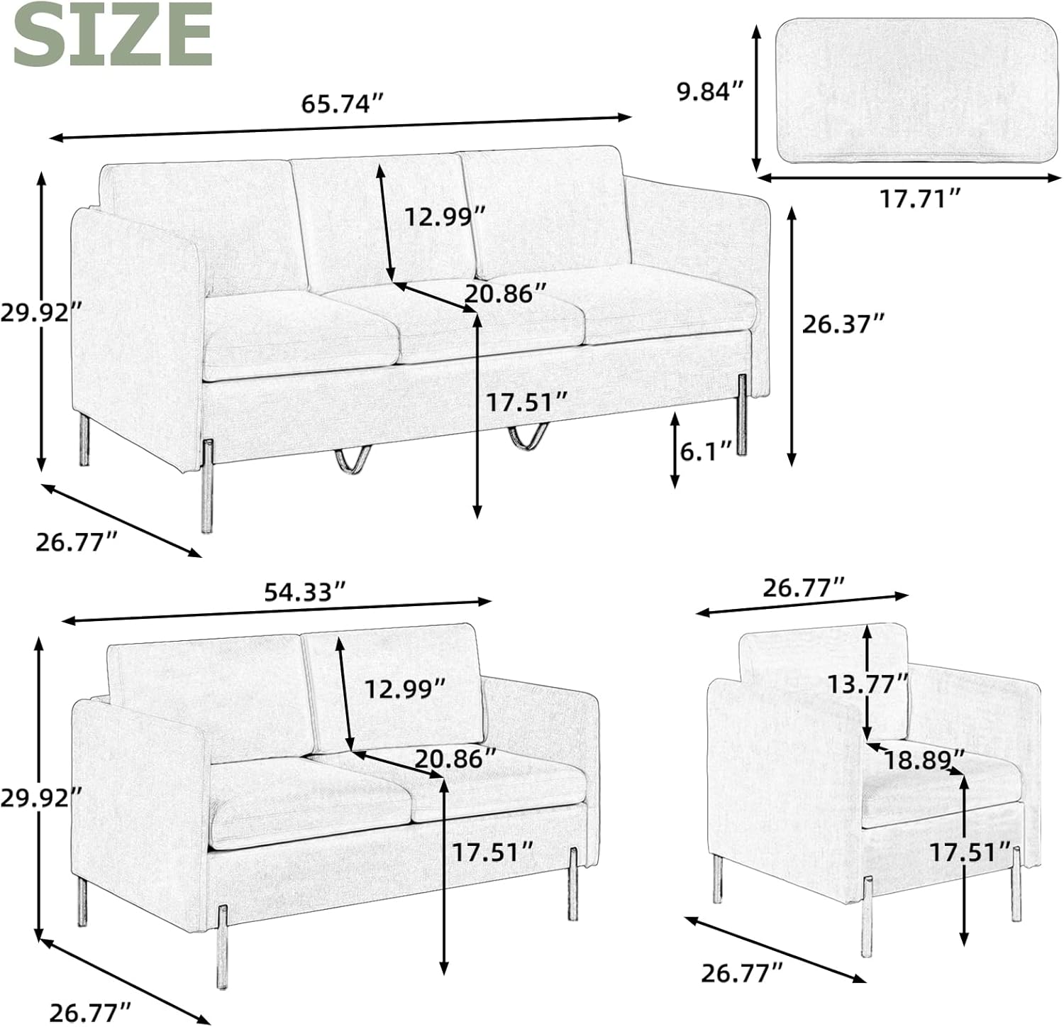 3 PCS Living Room Sofa Set, Modern Upholstered Armchair Loveseat Couches with Pillows, Grey J3915