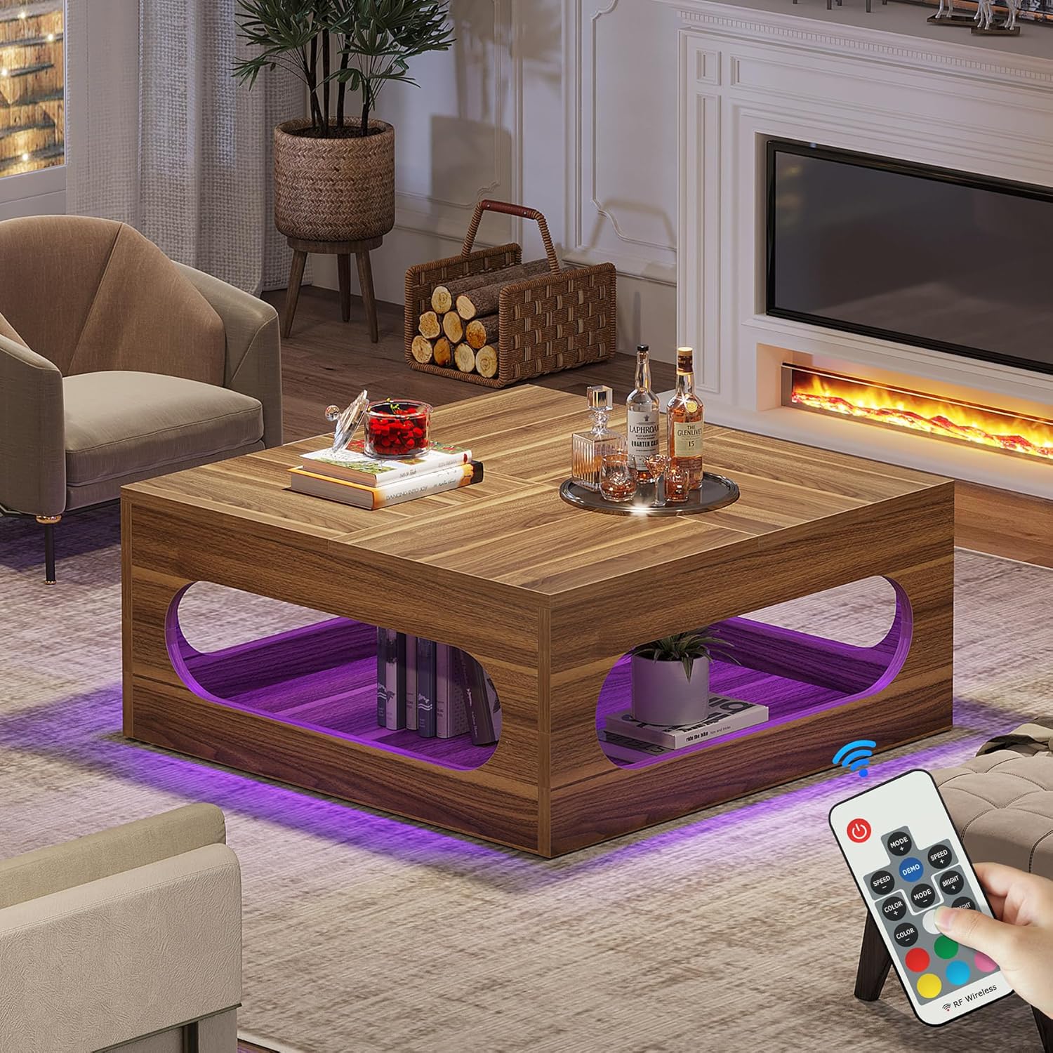 Tribesigns 43-Inch Square Coffee Table with LED Light and Storage, Brown B9843