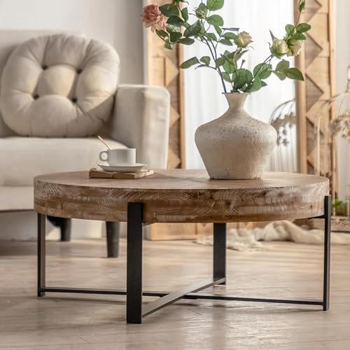 Antique Round Solid Wood Coffee Table with Metal Base, Natural & Gold K671