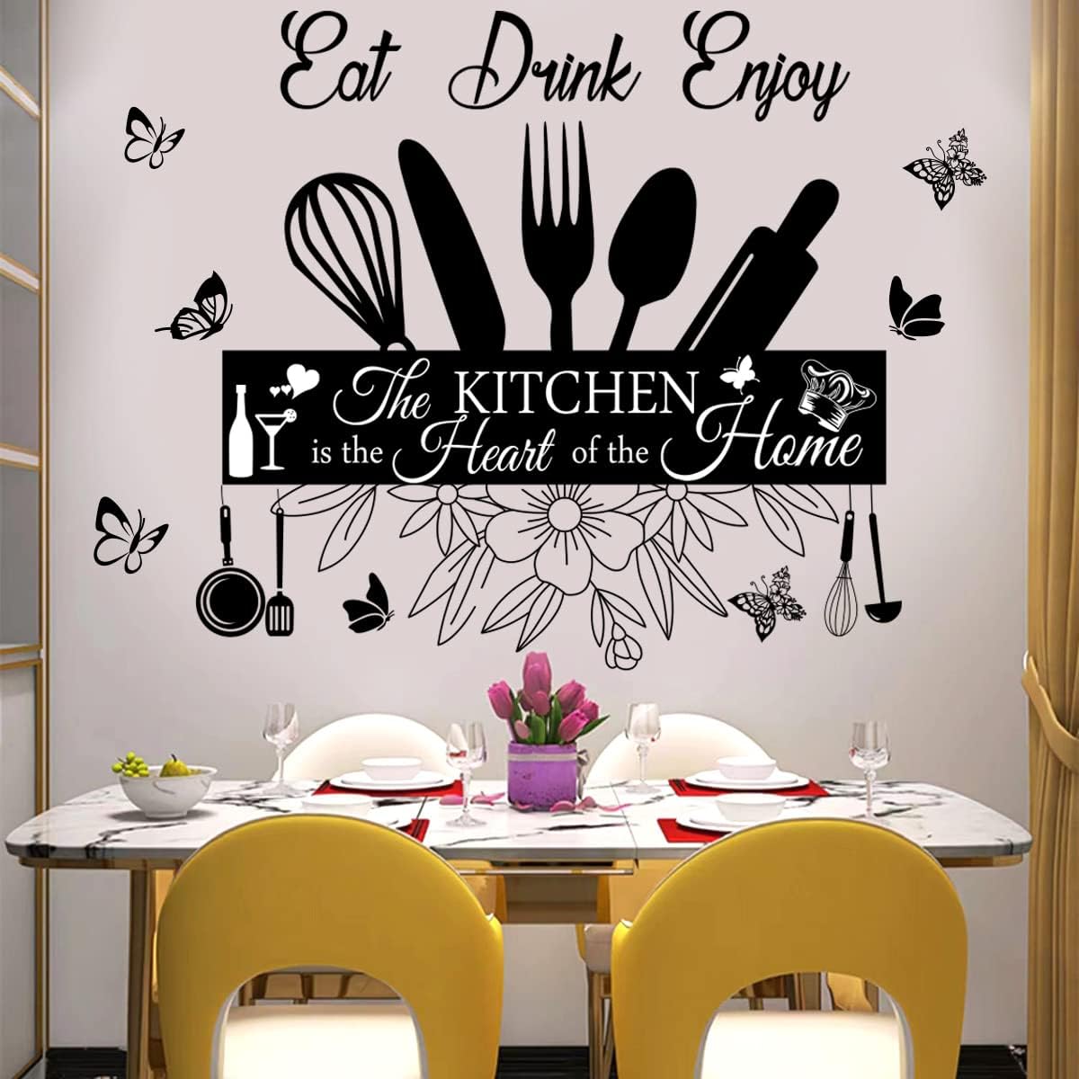 Wall Stickers Kitchen Quotes The Kitchen is The Heart of Home Sign Decor Word Saying Lettering Eat Drink Enjoy Wall Decals Removable DIY Vinyl Wall Art Sticker for Kitchen Living Room Dining Room