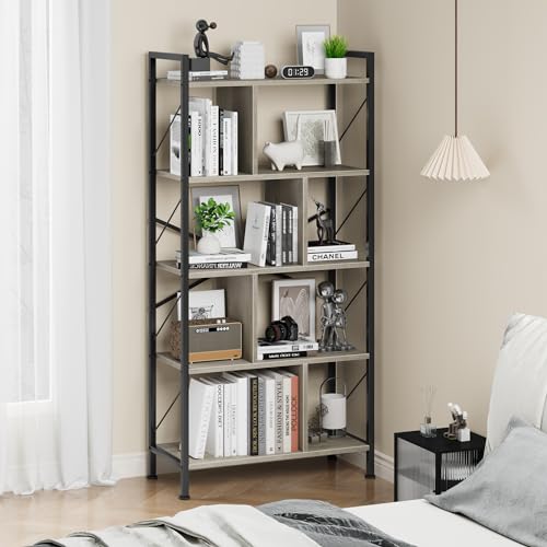 IDEALHOUSE 5 Tier Bookshelf with Storage, 61 Inch Tall, Rustic Brown Y901