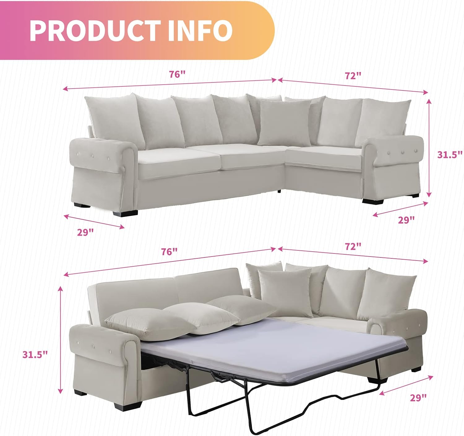 Mixoy Pull Out Sofa Bed 2 in 1 Sleeper with Folding Foam Mattress, Beige G197