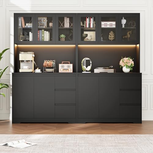 71" Kitchen Pantry Cabinet with LED Lights and Charging Station, Modern Storage and Microwave Stand Q6248
