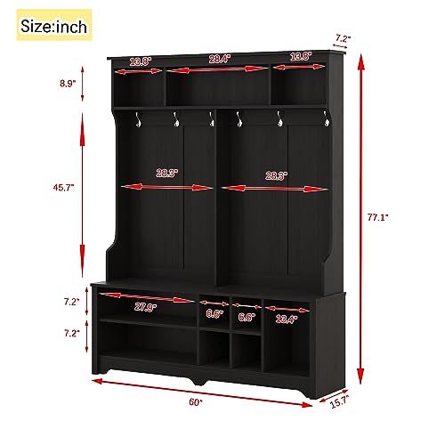 Hall Tree with Storage Bench, 60 Inch Wooden Mudroom Bench Q2403