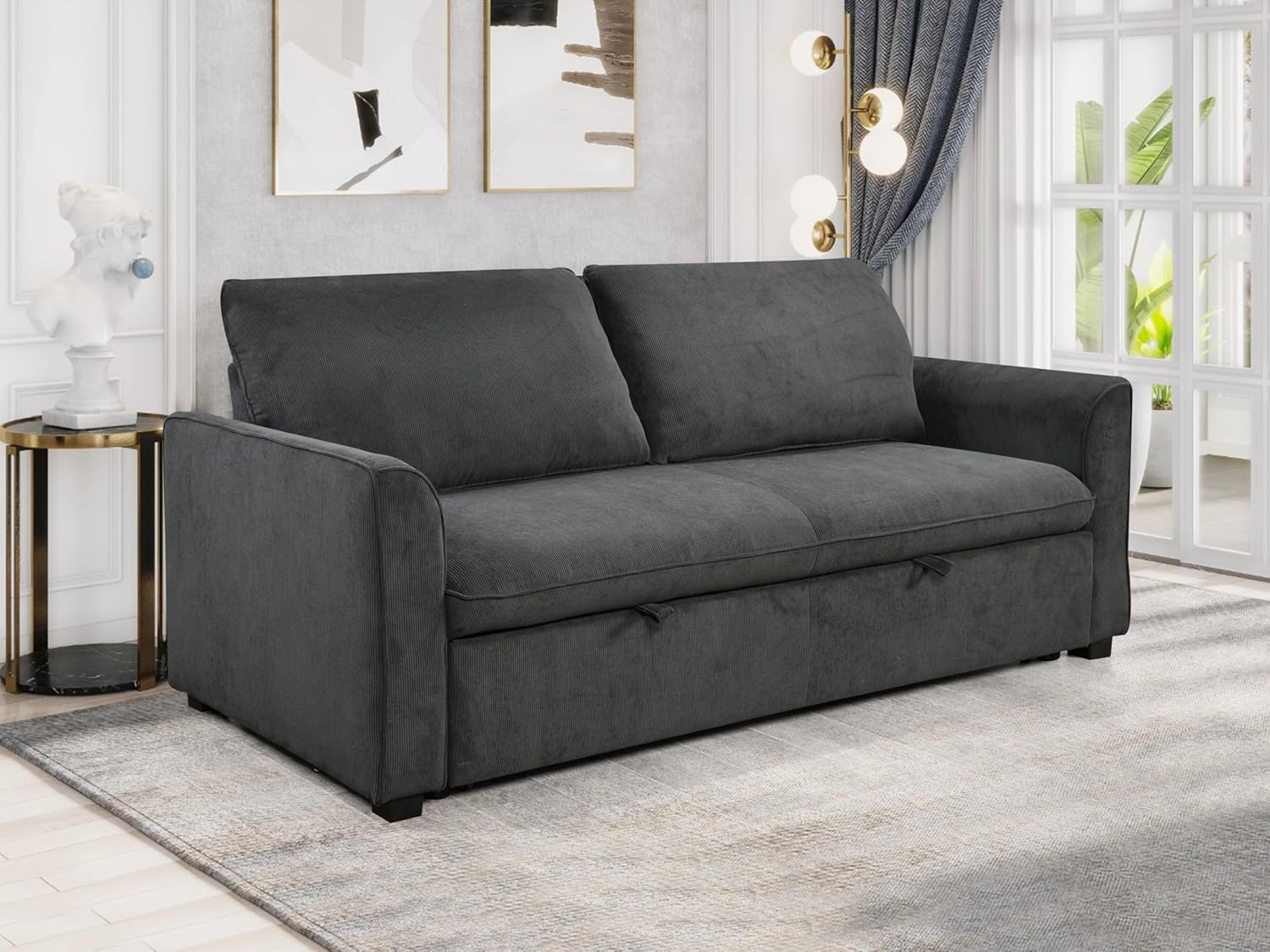 Queen Size Convertible Sleeper Sofa Bed 78-Inch Pull-Out Loveseat Beige K1972