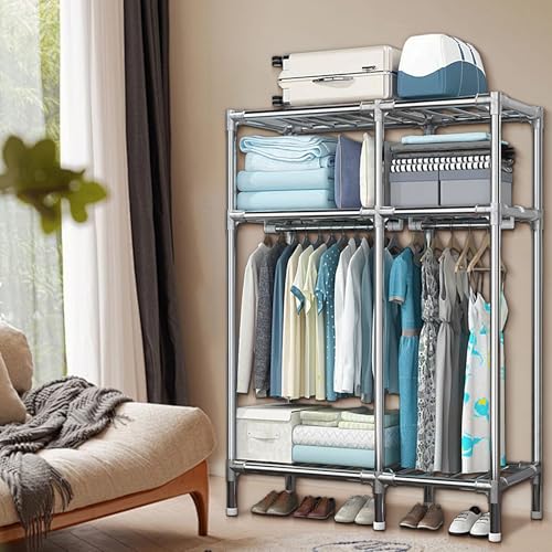 Portable Closet Metal Wardrobe with 2 Hanging Rods and Shelves C211