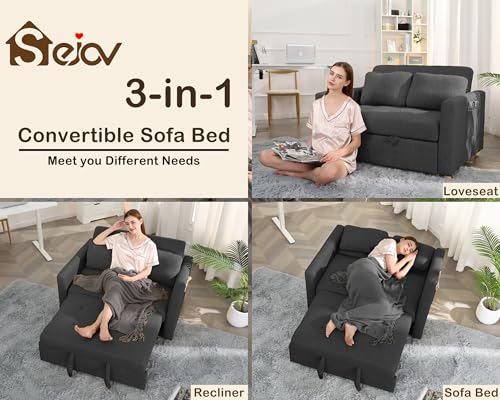 3-in-1 Convertible Sleeper Sofa Bed with Adjustable Backrest, Linen Fabric, Sky Blue K365