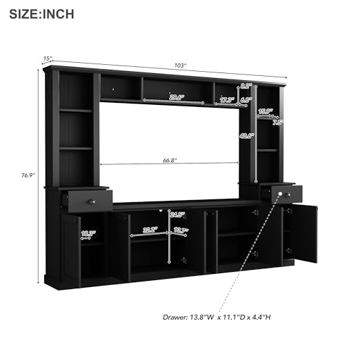 Modern TV Stand with Storage Cabinets and Shelves for TVs Up to 75", Black R3387