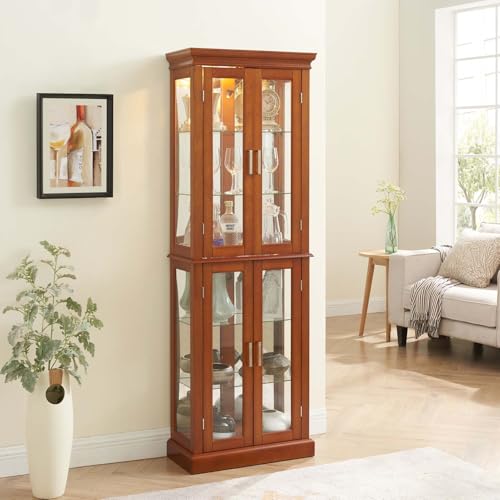 Curio Cabinet Lighted with Adjustable Shelves, Wooden Display Case, Cherry E607478