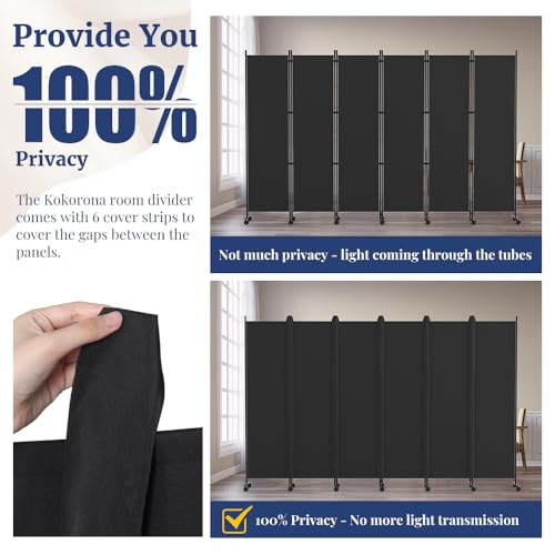 Kokorona 6 Panel Room Divider, 6FT Tall Rolling Privacy Screen with Lockable Wheels, Black J584