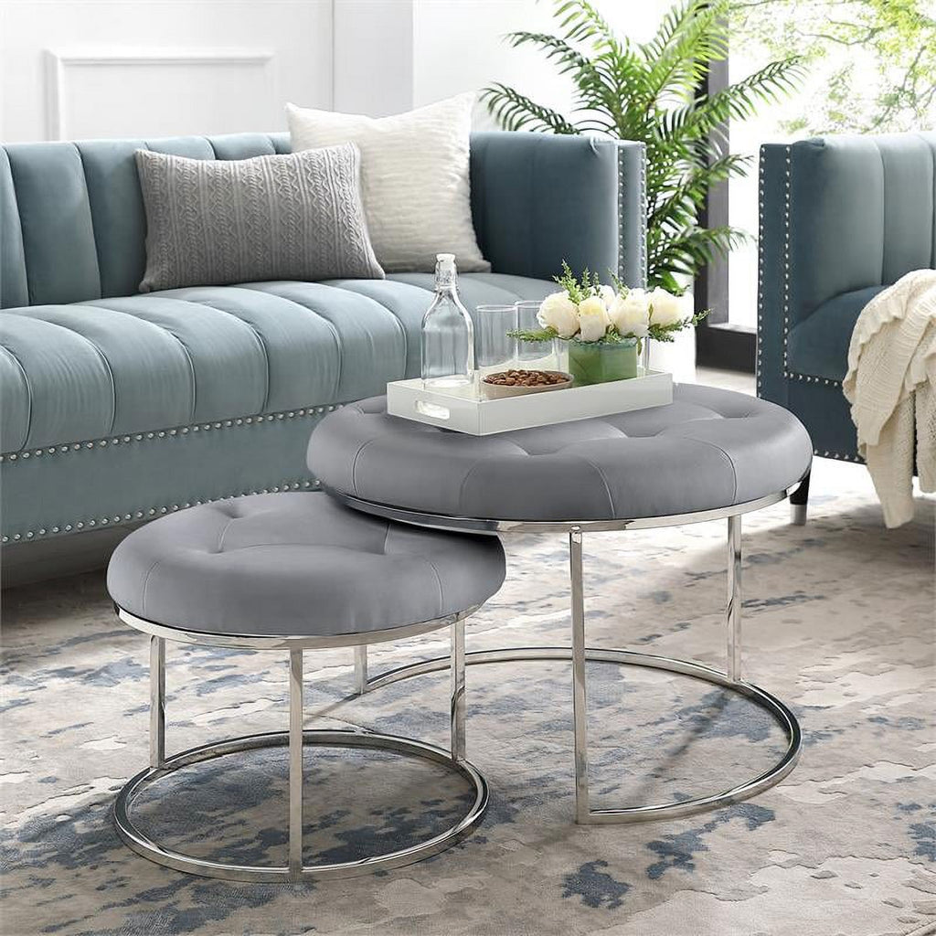 Posh Living Aaden Tufted Faux Leather Nesting Ottoman Set of 2, Gray/Chrome J1057