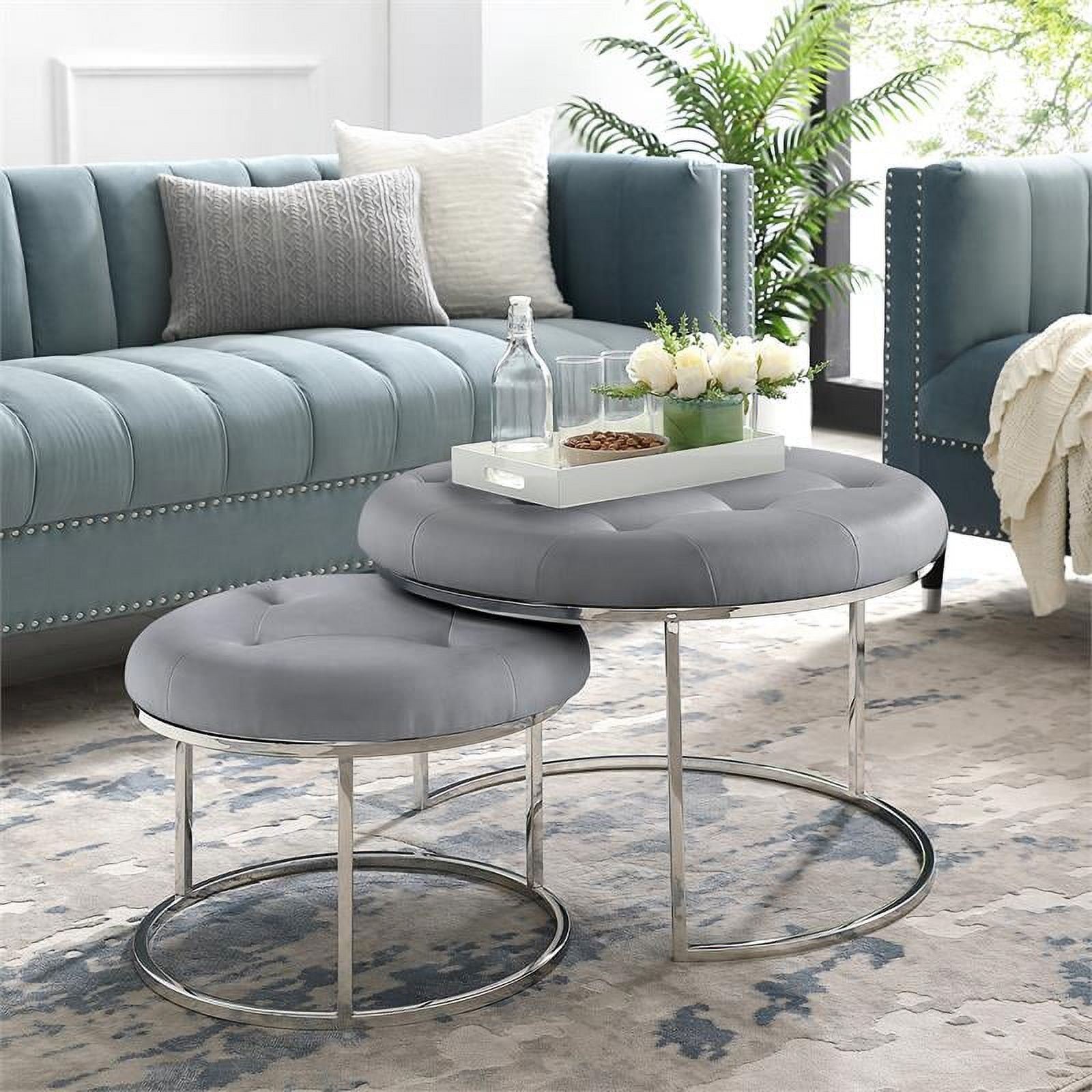 Posh Living Aaden Tufted Faux Leather Nesting Ottoman Set of 2, Gray/Chrome J1057