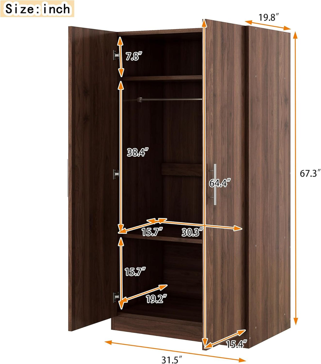 Wooden Armoire Wardrobe Closet with Hanging Rod and Shelves, Brown O29448
