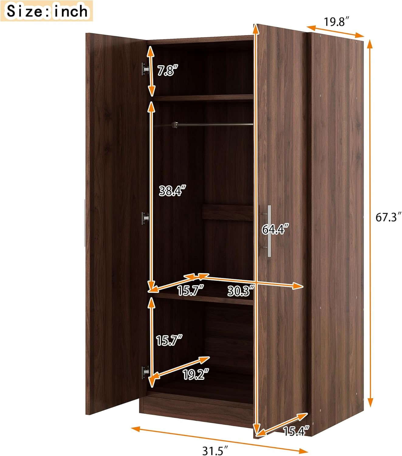 Wooden Armoire Wardrobe Closet with Hanging Rod and Shelves, Brown O29448