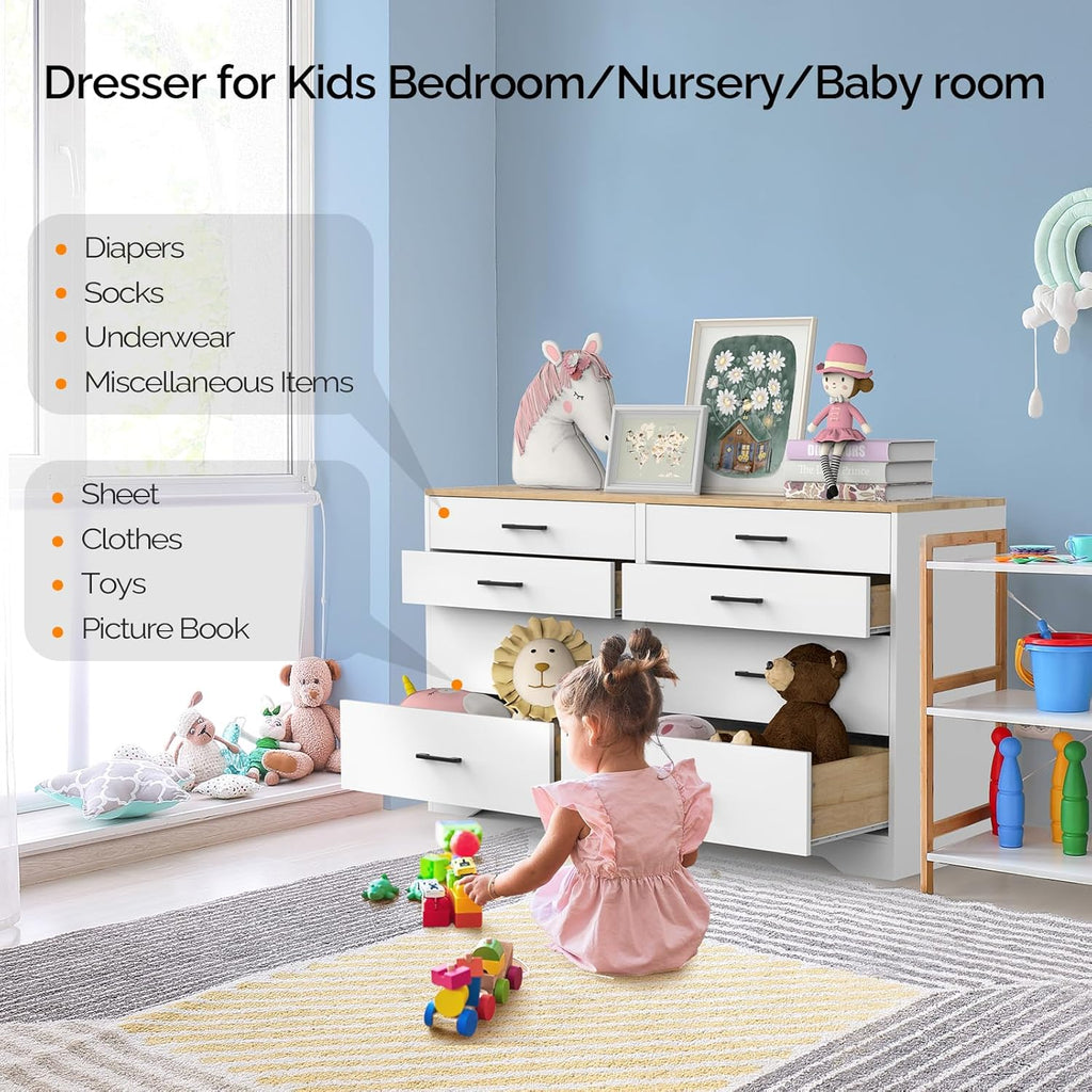 VINGLI 8 Drawer Dresser for Bedroom, White with Brown Top I1298