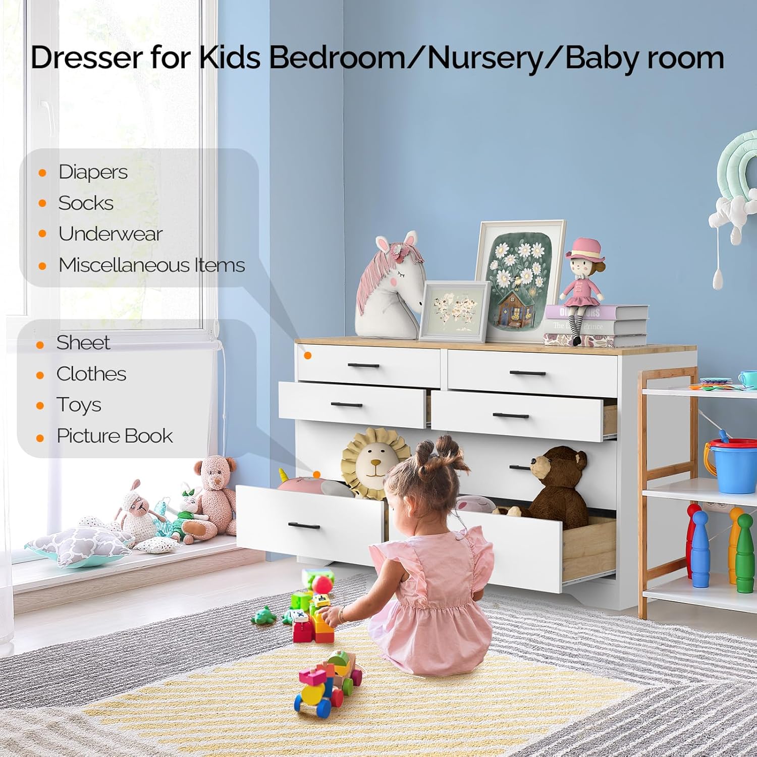 VINGLI 8 Drawer Dresser for Bedroom, White with Brown Top I1298