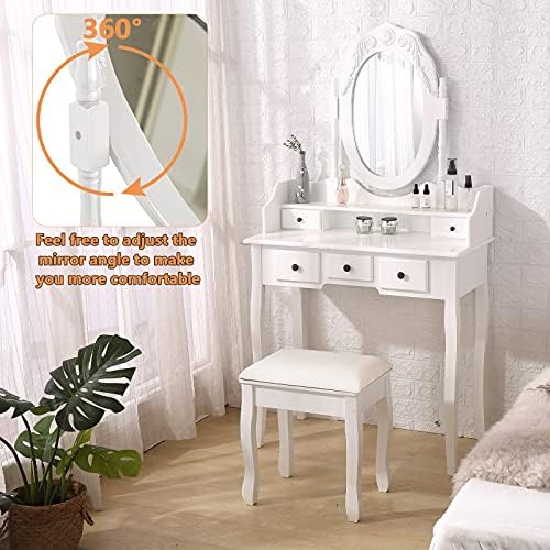 Vanity Mirror Table Set with Stool, White Dressing Table G81513