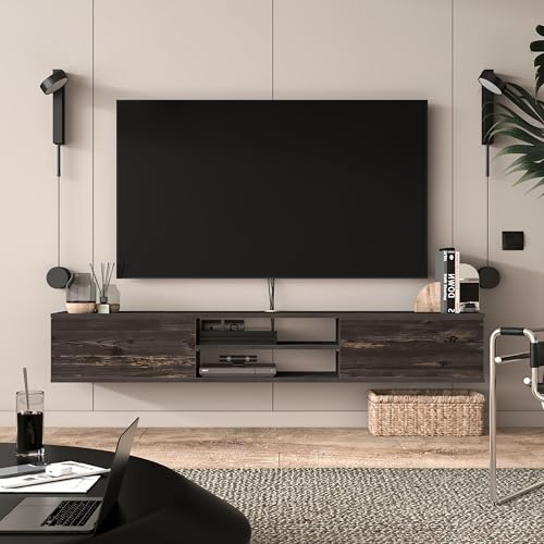 Atelier Mobili Floating TV Stand for 75 inch TV, Wall Mounted, Black Oak T667682