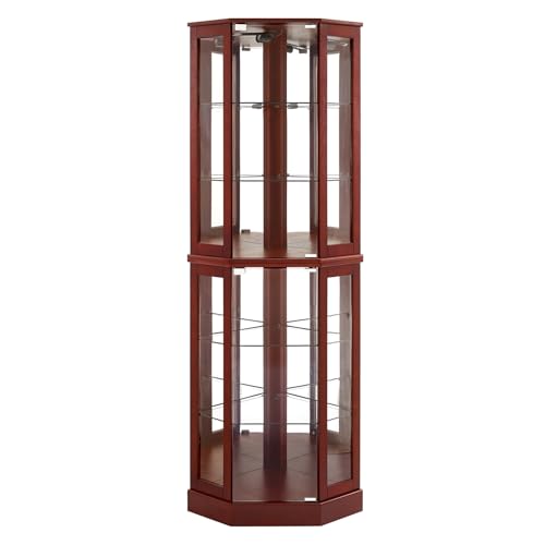 Lighted Corner Curio Cabinet with Mirrors and Adjustable Shelves, Cherry C40395