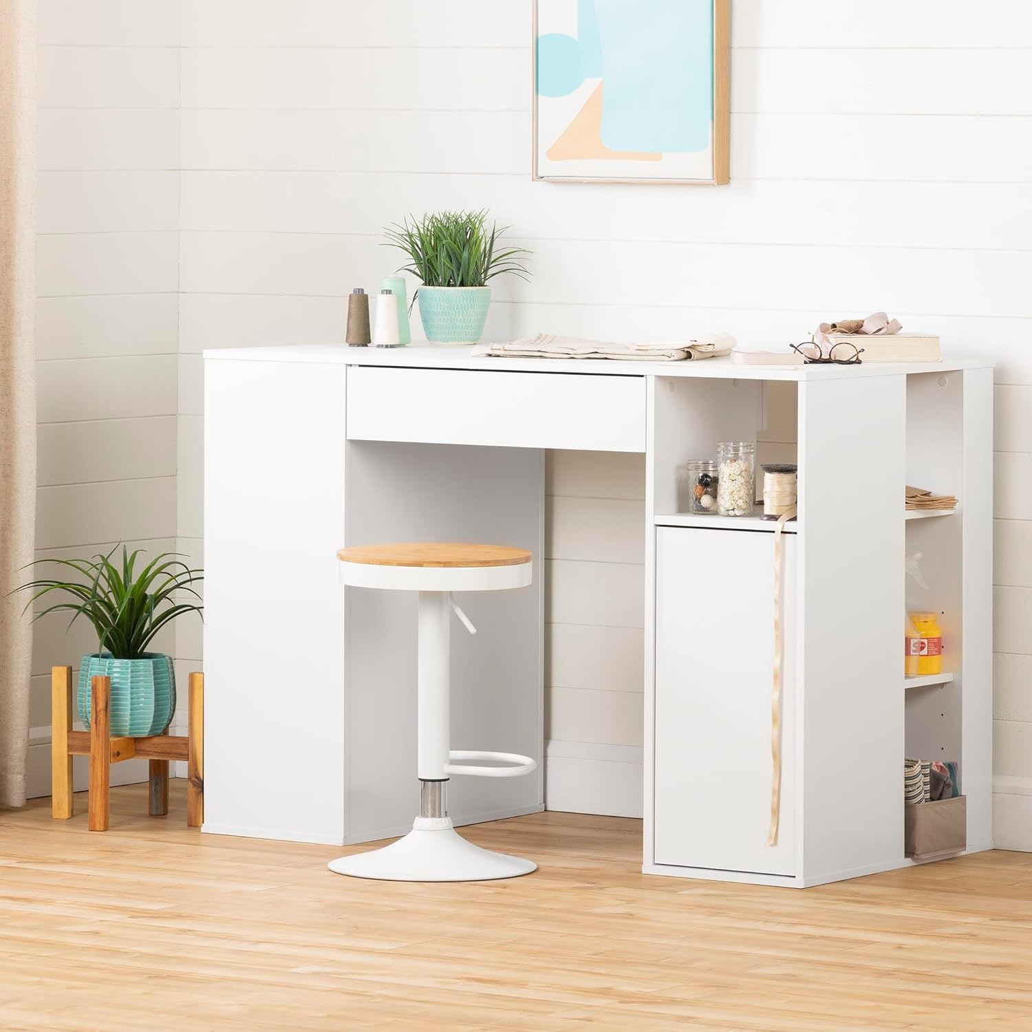 South Shore Crea Counter-Height Craft Table with Scratchproof Surface, Pure White A5430