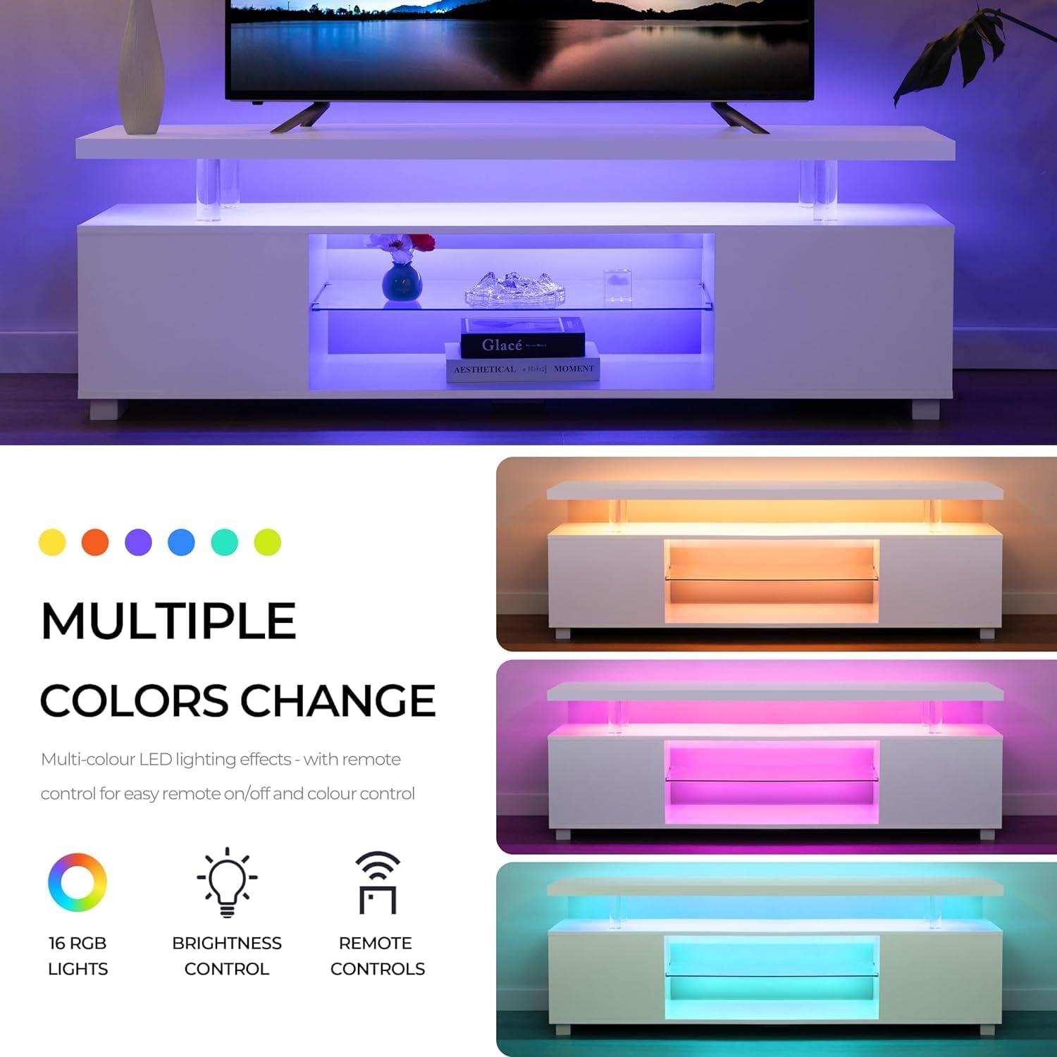 DMAITH TV Stand with LED Lights for 32-55 Inch TVs, White D4236