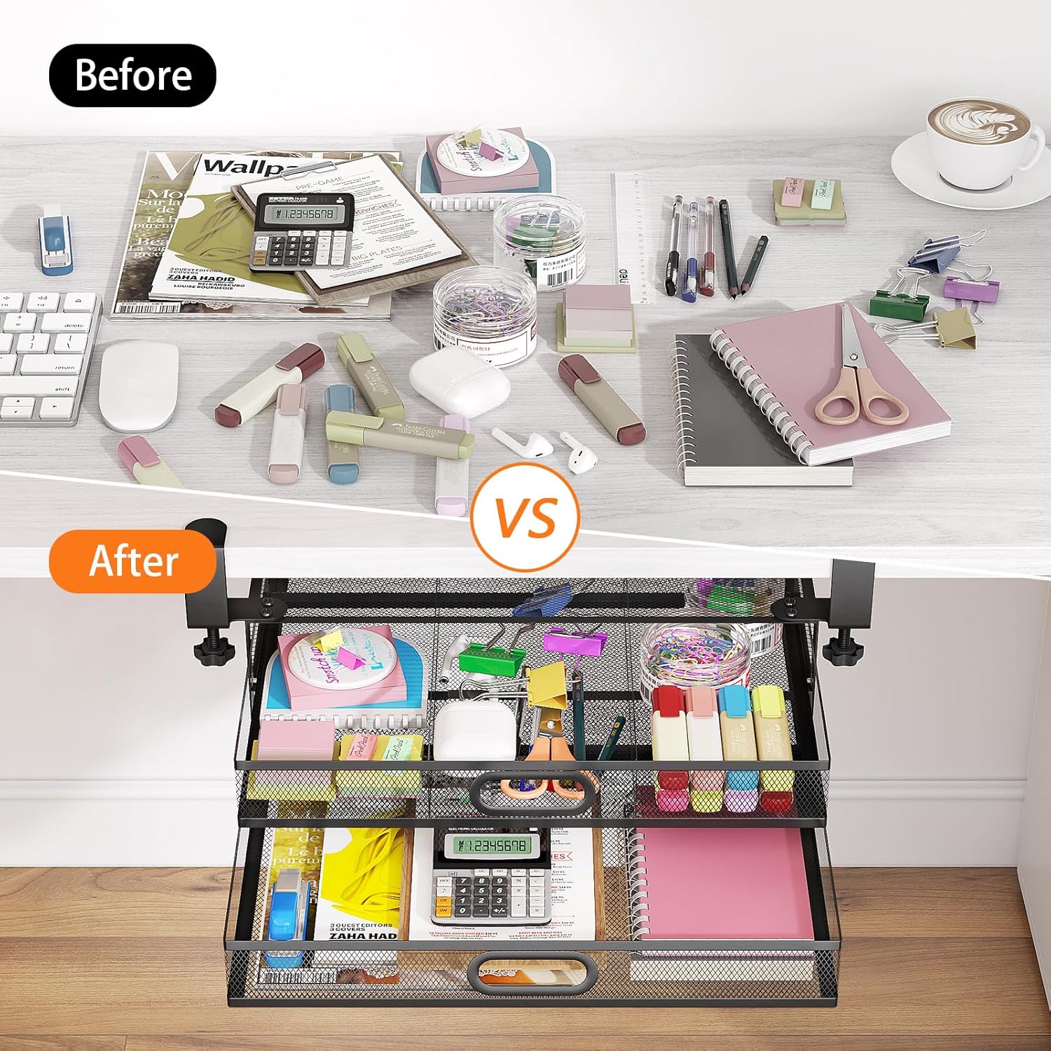 Under Desk Drawer Organizer No Drilling Metal 2 Drawer Slide Out Clamp On Z48397