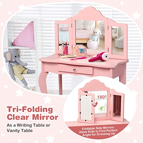 HONEY JOY Kids Vanity Set with Mirror and Stool, White L306