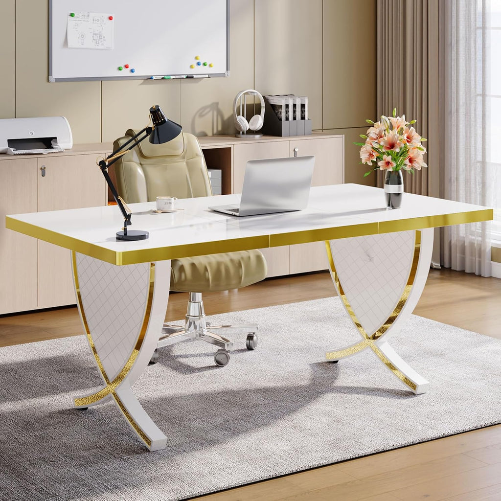 Tribesigns 63" Modern Executive Desk, Large Office Desk with Thickened Frame, Glossy Computer Desk Writing Desk Study Table for Home Office, White & Gold