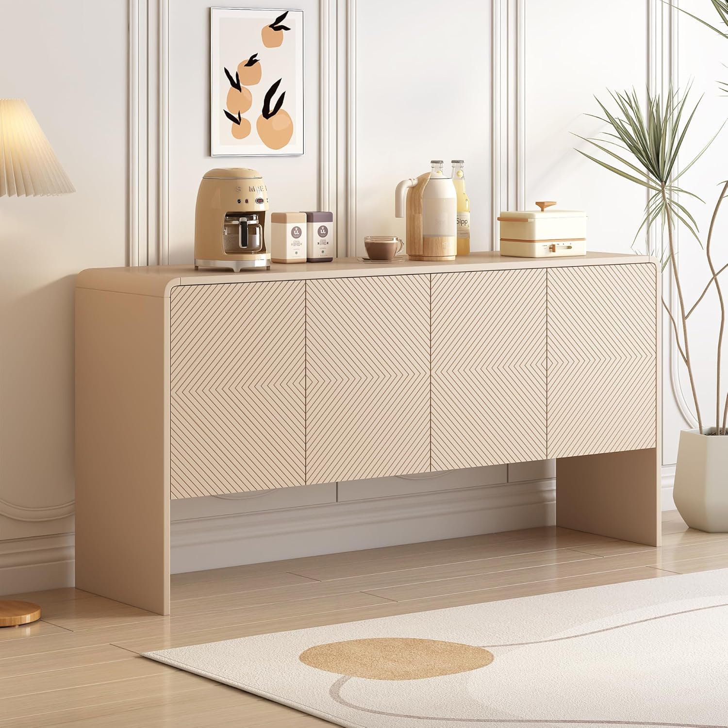 Large 60" Storage Sideboard with 4 Doors, Adjustable Shelves and Rebound Device, Minimalist Style Buffet Cabinet for Living Room and Entryway, Apricot Cream