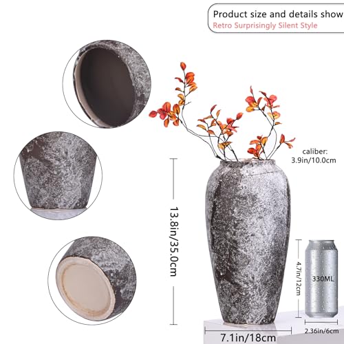 13.8in Tall Stone Vase for Rustic Home Decor Farmhouse Pottery C438