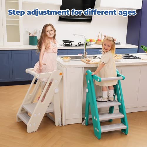 Onasti Toddler Tower Kitchen Stool Helper - Foldable, Adjustable Height, Blue Grey E26106