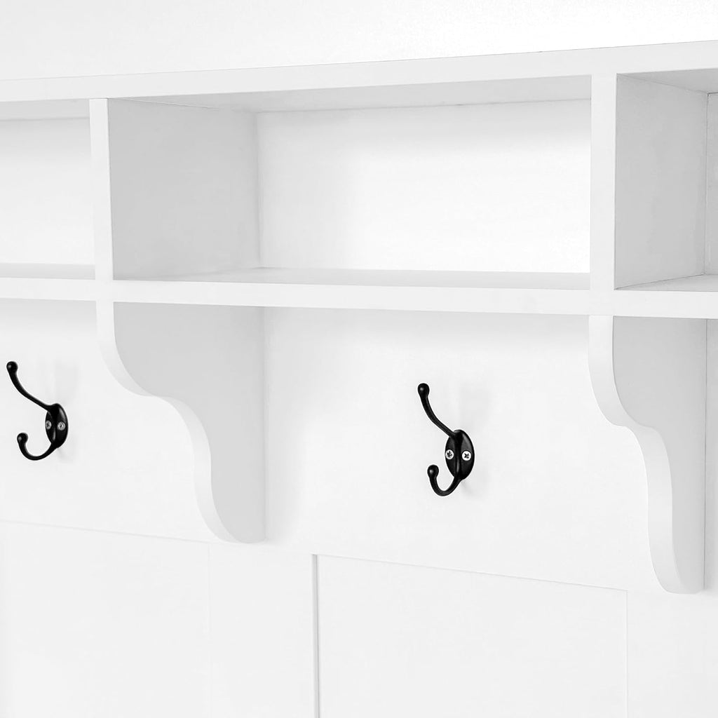47.2" White Hall Tree with Bench, Hooks & Shelves W3810