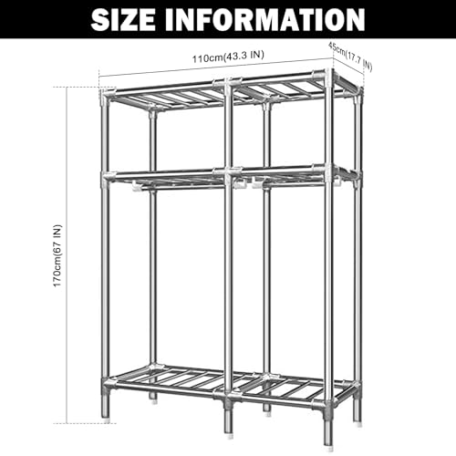 Portable Closet Metal Wardrobe with 2 Hanging Rods and Shelves C211